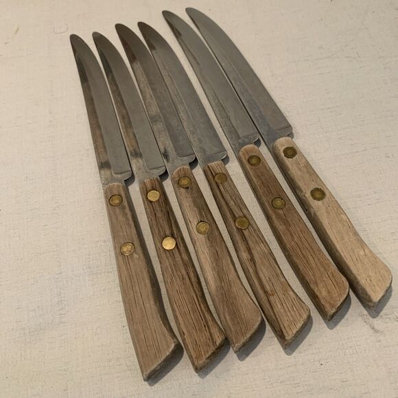 Vintage EKCO Flint Steak Knife Set of 6 Original Wood Holder Made in the USA - Picture 8 of 12
